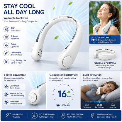 Vaneless Neck Hanging Fan – Rechargeable Hands-Free Personal Cooling Fan with 3 Speed Modes